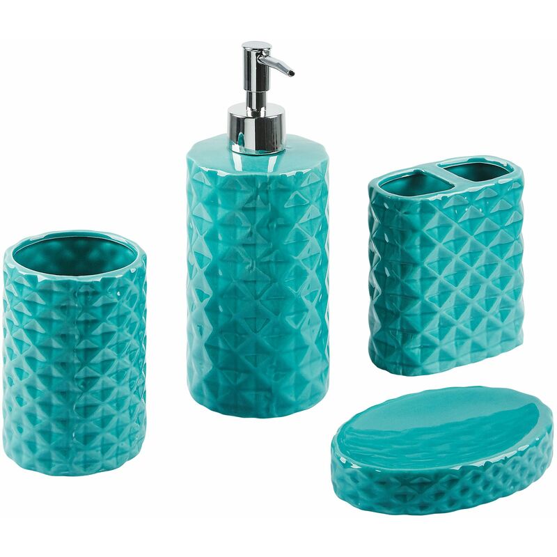 foto del prodotto beliani set di 4 accessori bagno in ceramica blu dispenser sapone porta sapone portaspazzolino recipiente guatire