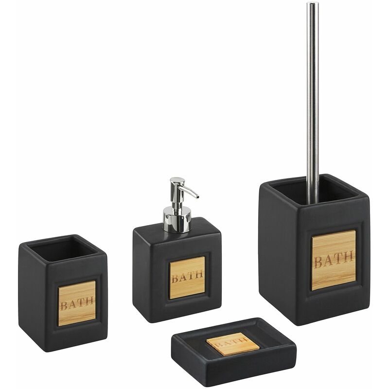 foto del prodotto beliani set di 4 accessori bagno in ceramica nero legno chiaro dispenser kourou