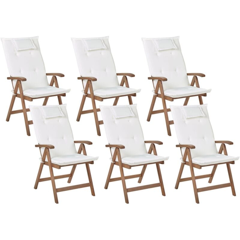 foto del prodotto beliani set di 6 sedie da giardino rustiche in legno d acacia naturale pieghevoli e regolabili con braccioli in legno scuro cuscini bianco sporco