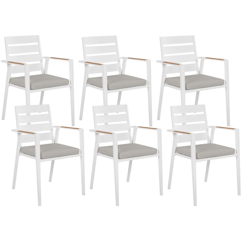 foto del prodotto beliani set di 6 sedie da pranzo da giardino per esterni bianco struttura in alluminio con cuscini di seduta grigi taviano