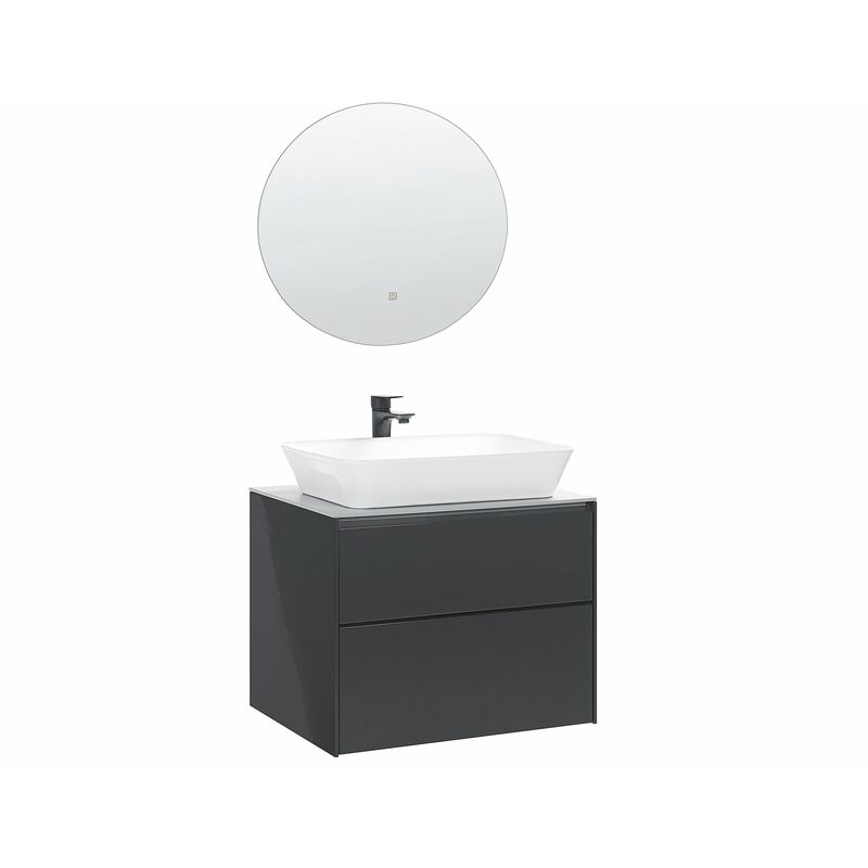 foto del prodotto beliani set di mobili da bagno con lavabo e specchio led rotondo grigio manzon