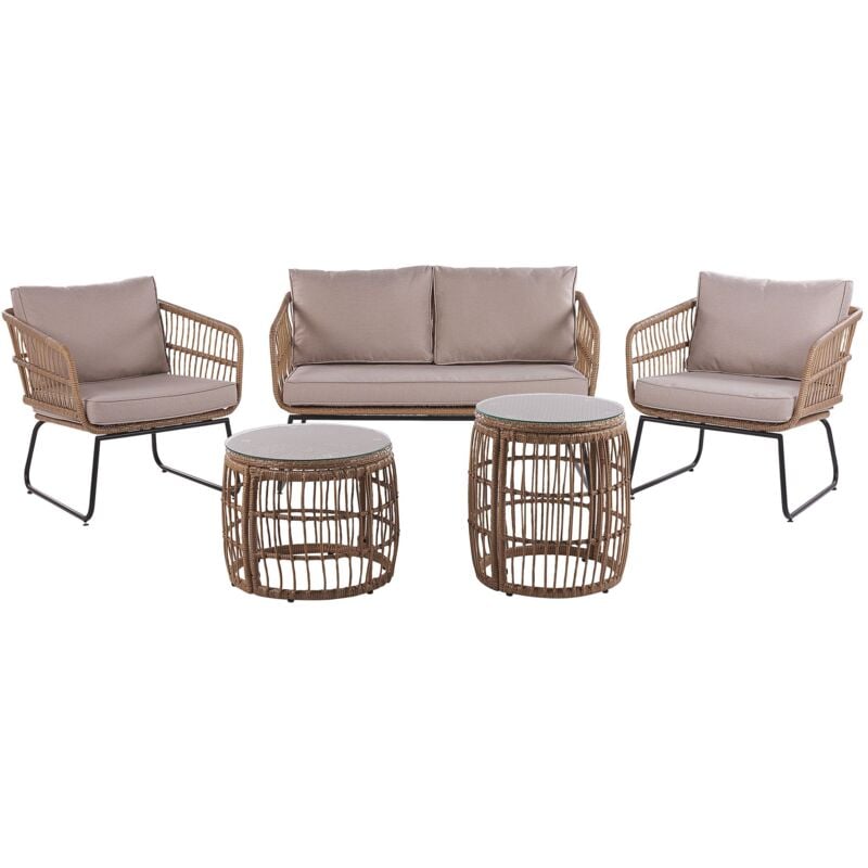 foto del prodotto beliani set divani giardino 4 posti con cuscini beige e 2 tavolini simil rattan ravello