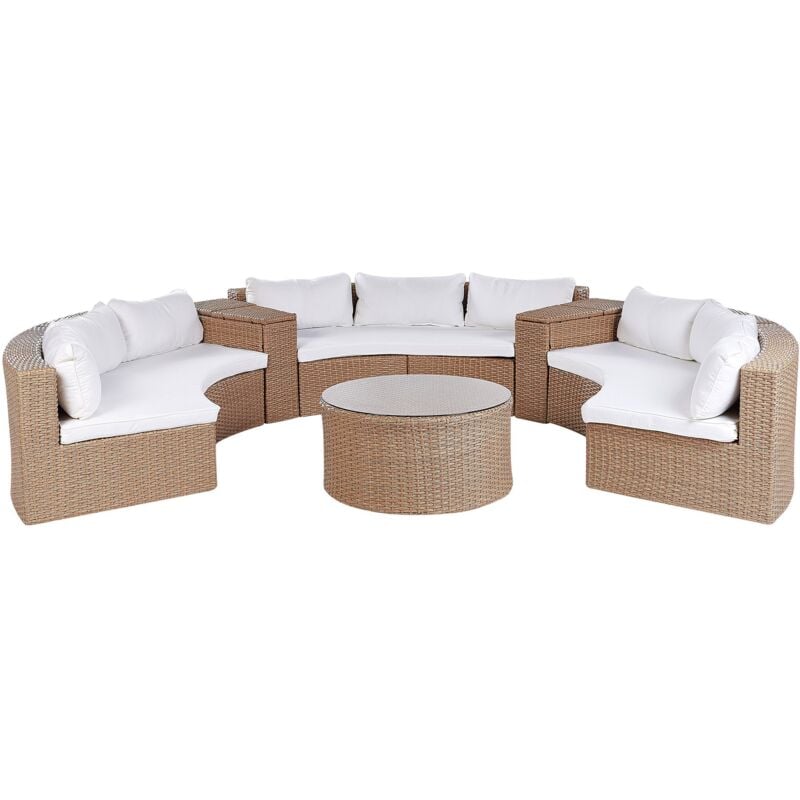 foto del prodotto beliani set divano angolare tavolo tondi in finto rattan beige sabbia cuscini bianchi severo