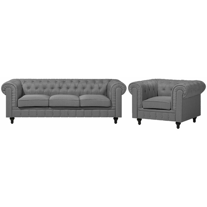 foto del prodotto beliani set divano e poltrona 4 posti in tessuto grigio chesterfield