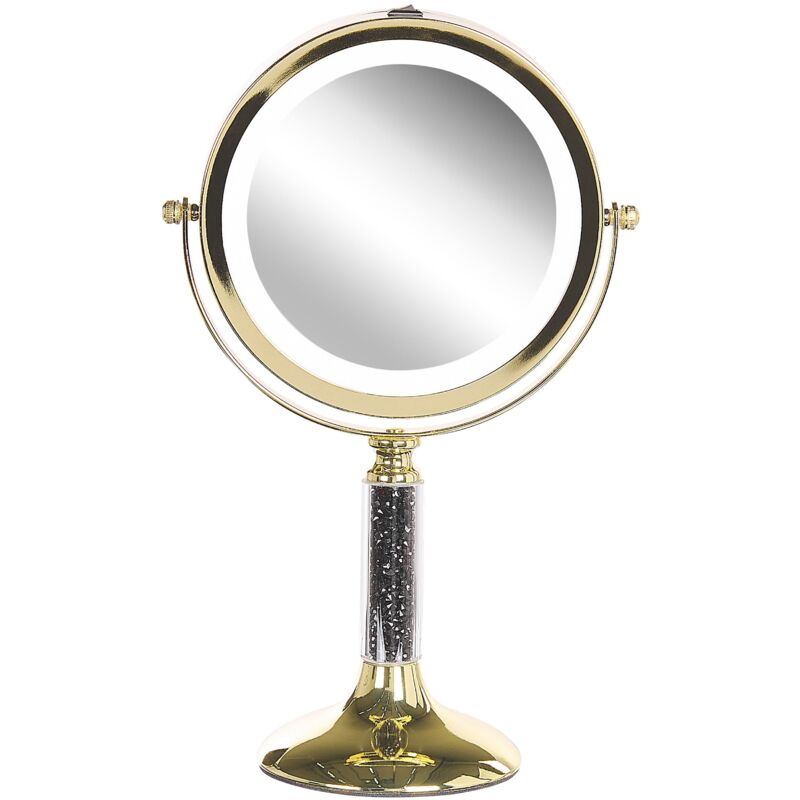 foto del prodotto beliani specchio da tavolo double face per trucco a led metallo oro 13 cm 1x 5x baixas