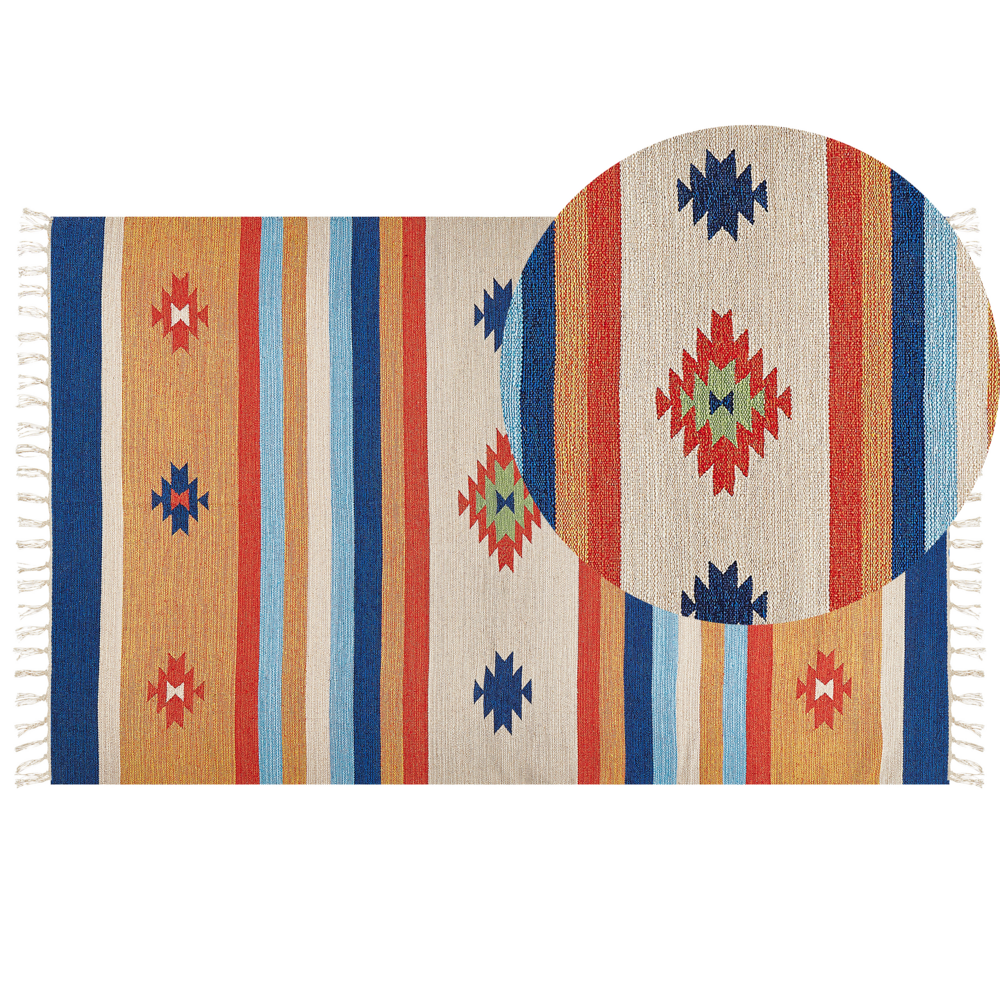 foto del prodotto beliani tappeto kilim in cotone intrecciato a mano con motivo geometrico reversibile e nappe 140 x 200 cm multicolore taronik
