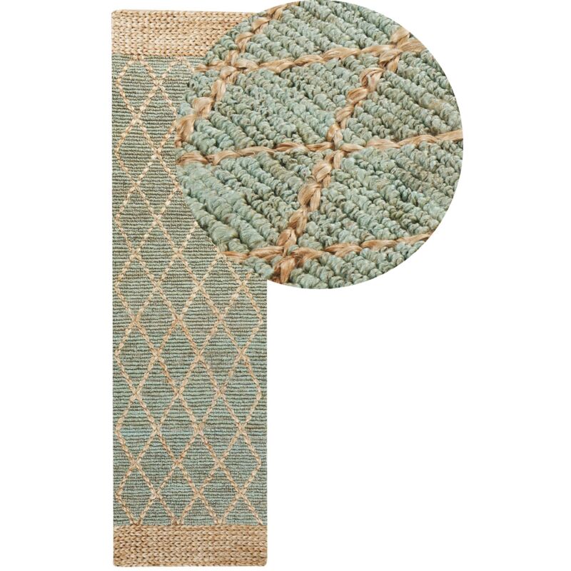 foto del prodotto beliani tappeto runner in iuta intrecciato a mano con motivo geometrico boho rustico 80 x 300 cm corridoio verde e beige tellikaya