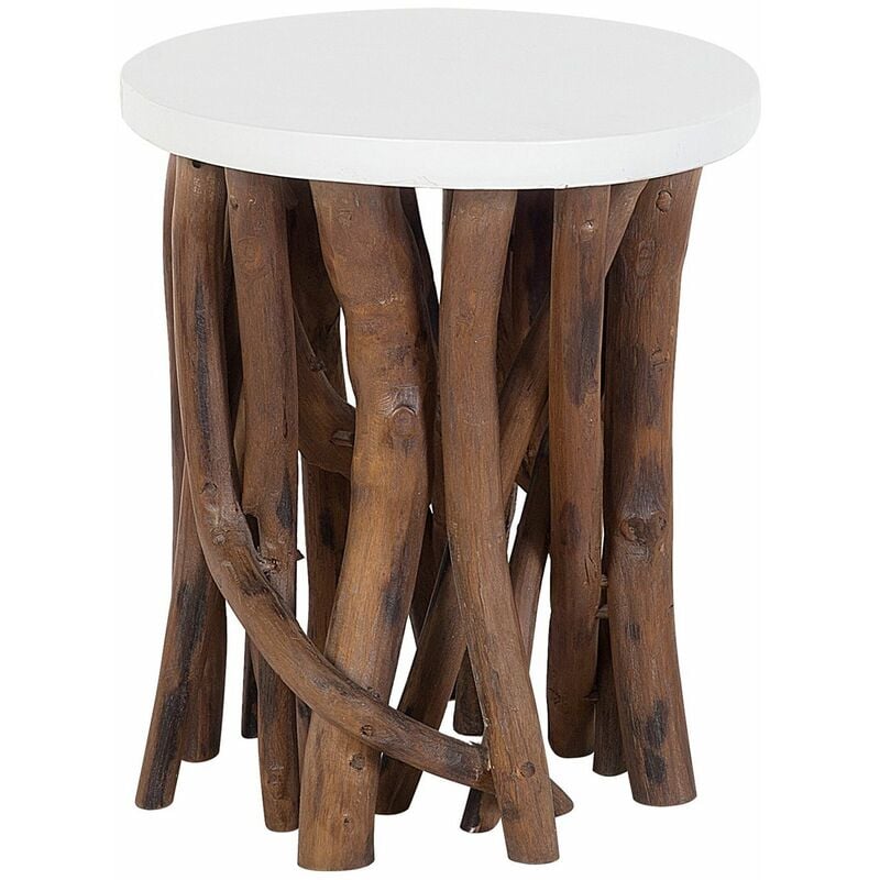 foto del prodotto beliani tavolino bianco rotondo piano in legno di teak scuro base ramo di albero houma