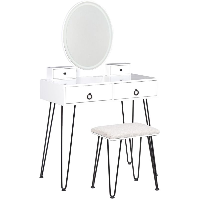 foto del prodotto beliani toeletta con 4 cassetti specchio led bianco e nero e sgabello soye