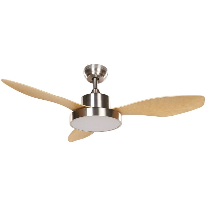 foto del prodotto beliani ventilatore da soffitto in metallo argento e legno chiaro con luce telecomando 6 velocit 3 temperature 36 cm bandiere
