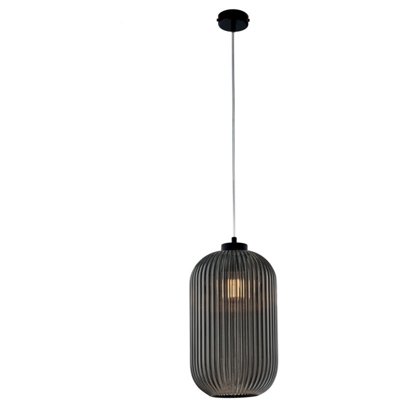 foto del prodotto belight sospensione 1 luce krizia in ferro nero vetro grigio specchiato effetto plisse 