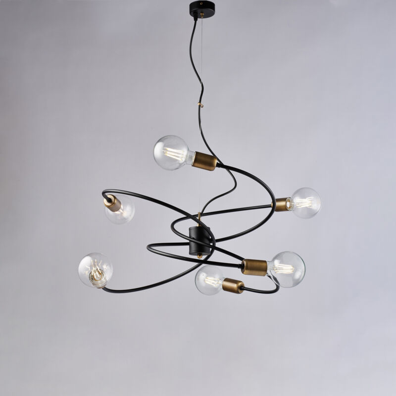foto del prodotto belight vortex sospensione in ferro laccato nero con finiture ottone brunito spazzolato e cavo acciaio regolabile 6 luci 130 55 bl219 6 nr