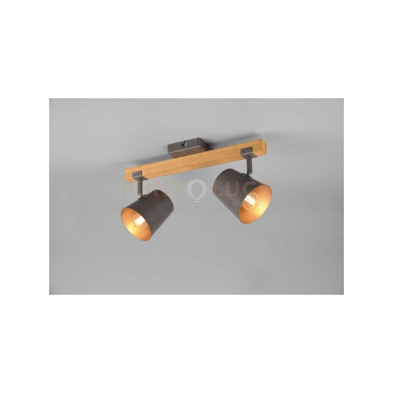 foto del prodotto bell barra 2 spots orientabili legno naturale diffusori metallo acciaio anticato interno oro l. 42,5cm attacco e14