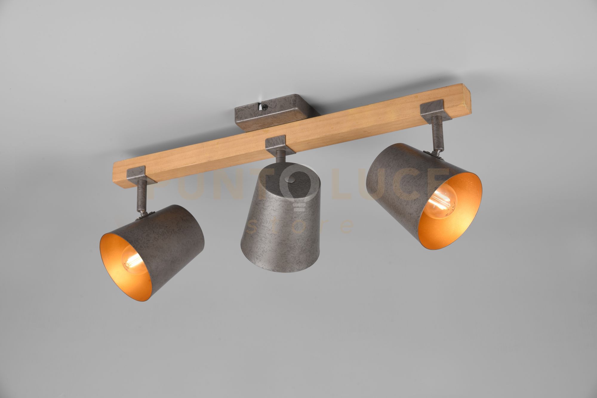 foto del prodotto bell barra 3 spots orientabili legno naturale diffusori metallo acciaio anticato interno oro l. 54cm attacco e14