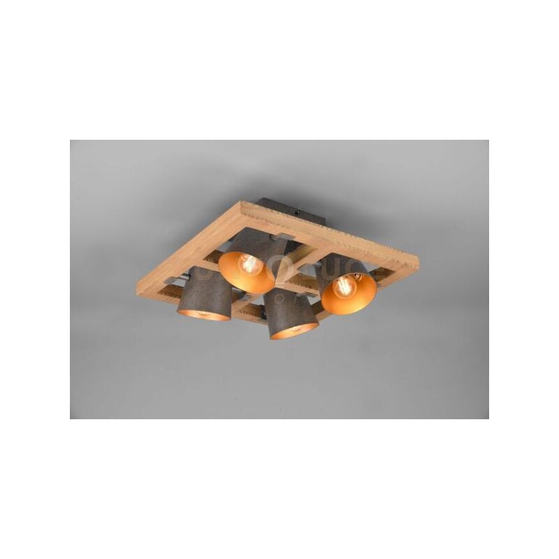 foto del prodotto bell plafoniera quadrata legno naturale 4 spots orientabili diffusori metallo acciaio anticato interno oro 39x39cm attacco e14