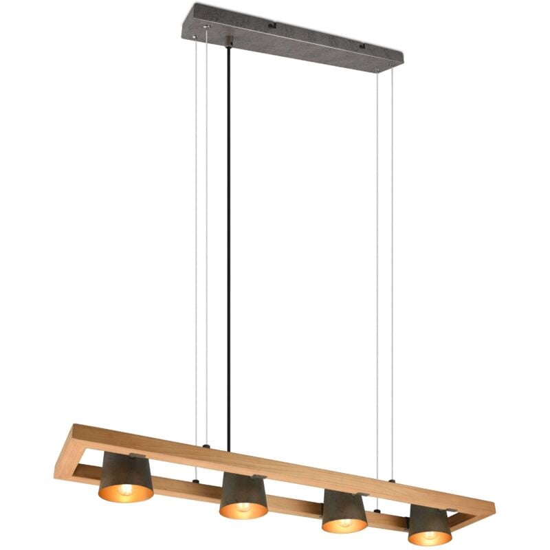 foto del prodotto bell sospensione legno naturale 4 spots orientabili diffusori metallo acciaio anticato interno oro l. 100cm attacco e14