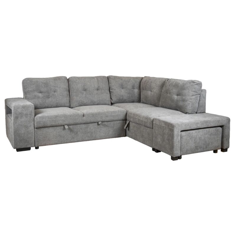 foto del prodotto bellahome divano letto con penisola a destra gaia tessuto grigio con pouf e contenitori, 254x83 194x88 cm