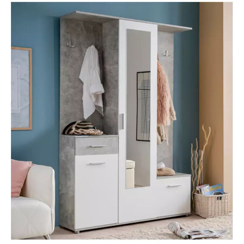 foto del prodotto bellahome mobile da ingresso barcellona con specchio, cassetti e appendiabiti bianco e cemento, 133x33x197 cm