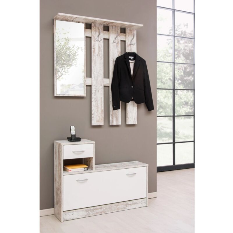 foto del prodotto bellahome mobile da ingresso con specchio e appendiabiti bianco anticato, 100x180x25 cm