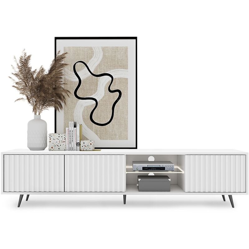 foto del prodotto bello mobile tv 175 cm bianco con le asse e i piedini neri con illuminazione a led selsey