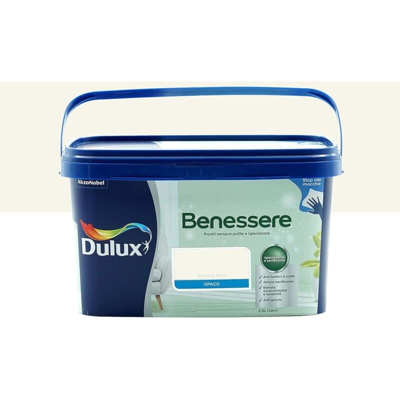 foto del prodotto benessere pittura colorata all'acqua per interni superlavabile anti muffa anti batteri con ioni d'argento, 2.5 litri, bianco lino, 2.5l - dulux
