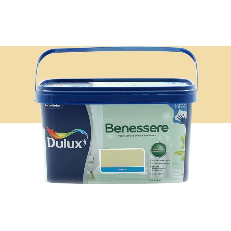 foto del prodotto benessere pittura colorata all acqua per interni superlavabile anti muffa anti batteri con ioni d argento, 2.5 litri, giallo quiete, 2.5l dulux