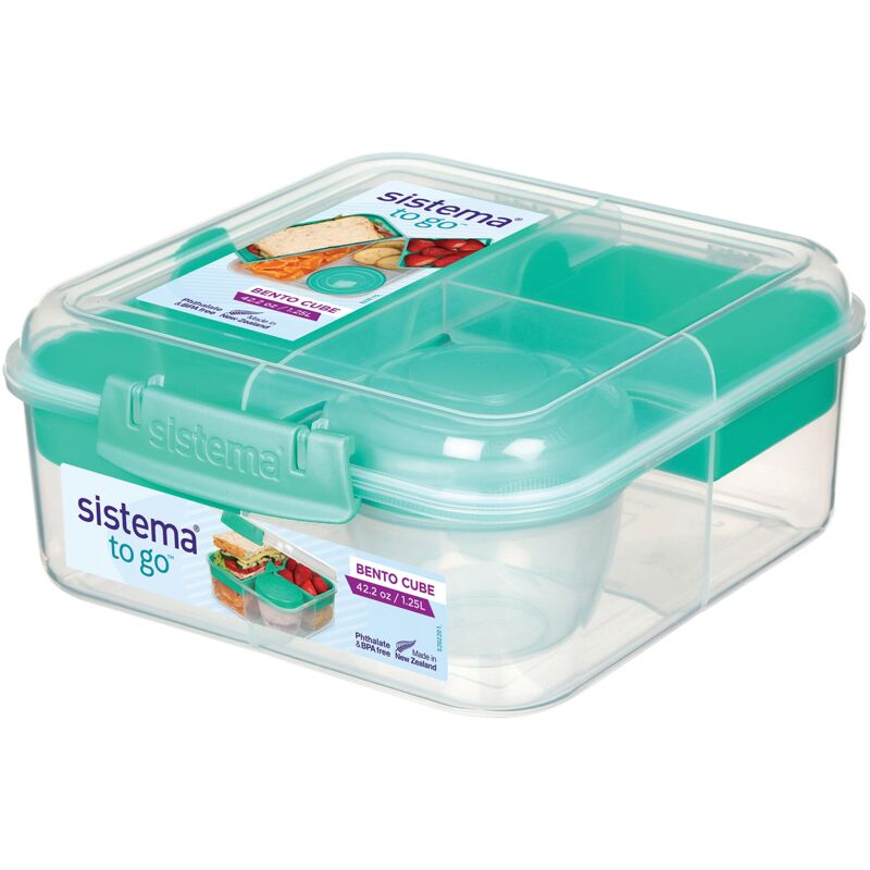 foto del prodotto bento box to go contenitore per pranzo con vasetto per lo yogurt o per la frutta 1,25 l in plastica riciclata verde pietra sistema