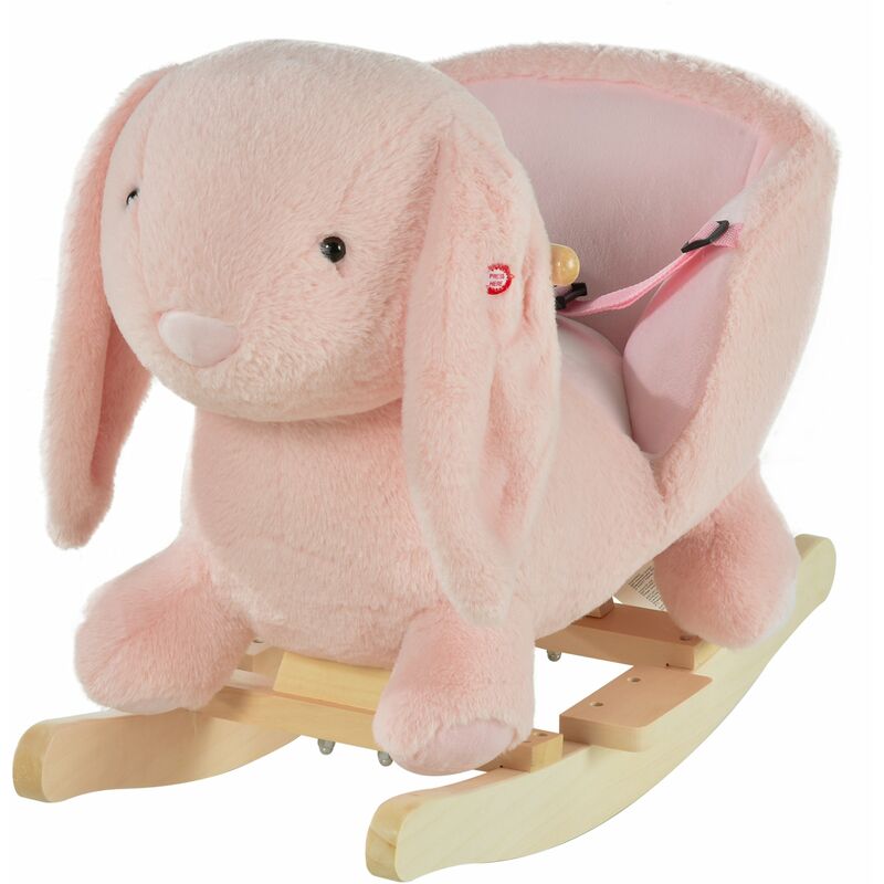 foto del prodotto benzoni dondolo per bambini in legno coniglio in peluche con suoni rosa