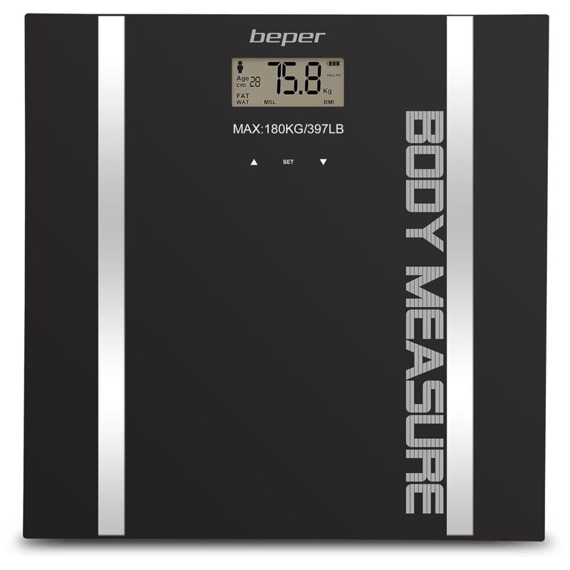 foto del prodotto beper 40.808a bilancia pesapersone impedenziometrica, pesa massa corporea e percentuale liquidi, 10 memorie, display lcd, superficie in vetro