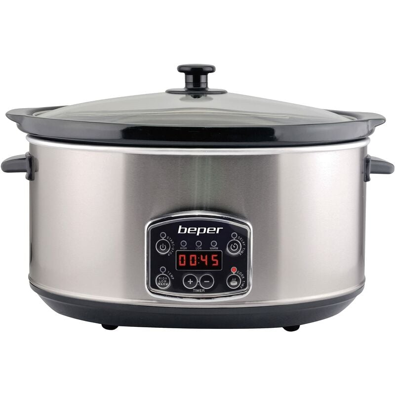 foto del prodotto beper bc.510 slow cooker,pentola digitale per la cottura lenta,4,5 litri,acciaio, 3 impostazioni di cottura,timer programmabile,pentola interna