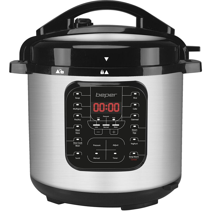 foto del prodotto beper p101cos001 pentola a pressione elettrica con 15 programmi di cottura multicooker, slow cooker, cottura a vapore da 6 litri, in acciaio