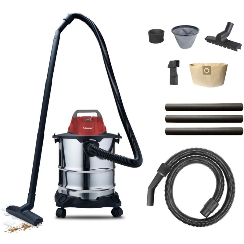 foto del prodotto beper p202asp300, acciaio aspiratore solidi e liquidi 1000w, serbatoio 20l, bidone aspiratutto, funzione soffiatore, 4 ruote, cavo 5 metri, 1000 w,