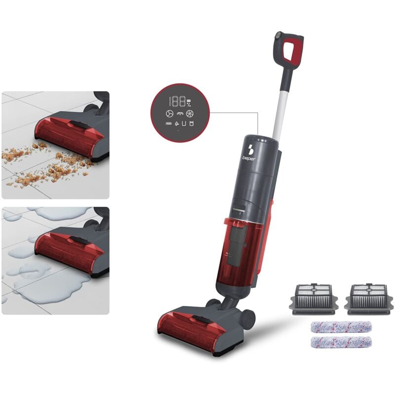foto del prodotto beper p202val200 lavapavimenti senza filo potente a 2 velocit pavimenti con display led, aspirapolvere lava aspira asciuga rosso, 200 w, 1.2 liters