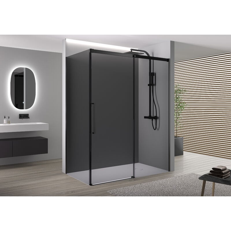 foto del prodotto bernstein box doccia ad angolo con porta doccia scorrevole e elemento laterale dx906 flex nero opaco vetro grigio nano da 8 mm larghezza
