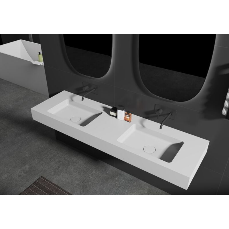foto del prodotto bernstein doppio lavabo sospeso ba8015 in pietra solida sold surface 153 x 45 x 12 cm colore selezionabile console in metallo opzionale