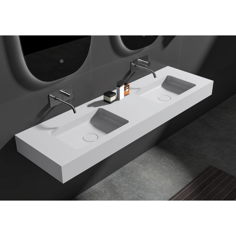 foto del prodotto bernstein doppio lavabo sospeso ba8016 in pietra solida sold surface 163 x 45 x 12 cm colore selezionabile console in metallo opzionale