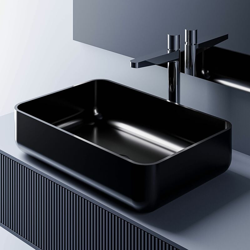 foto del prodotto bernstein lavabo da appoggio pb2133 in fusione minerale in bianco o nero 54 x 36 x 13 cm nero lucido , con coperchio supplementare nero