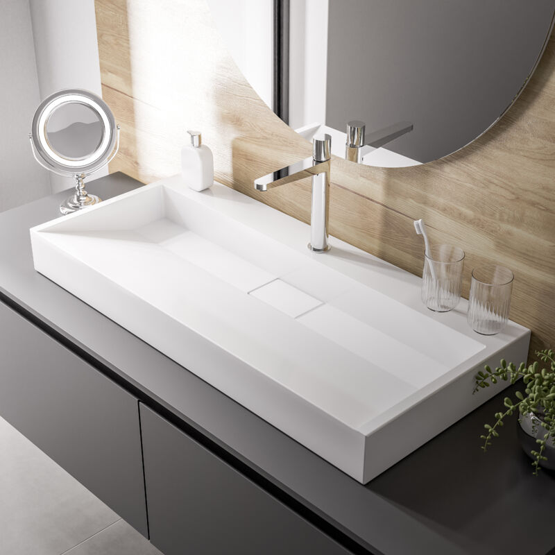 foto del prodotto bernstein lavabo sospeso o da appoggio in marmo artificiale bs6001 bianco lucido larghezza selezionabile 60cm con preforatura