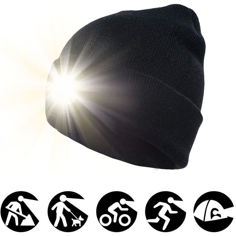 foto del prodotto berretto con torcia frontale ricaricabile, berretto invernale lavorato a maglia illuminato per uomo e donna, nero bebusingoto