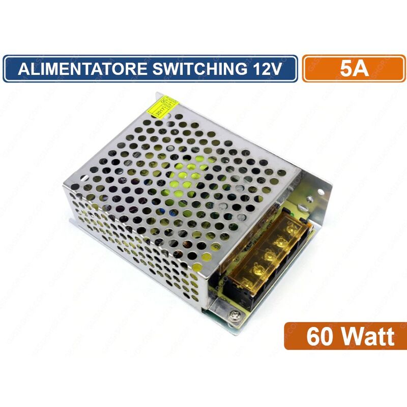 foto del prodotto bes alimentatore metallico stabilizzato switching con trimmer 220v 12v 5a 60 watt per illuminazione e sistemi di videosorveglianza cctv