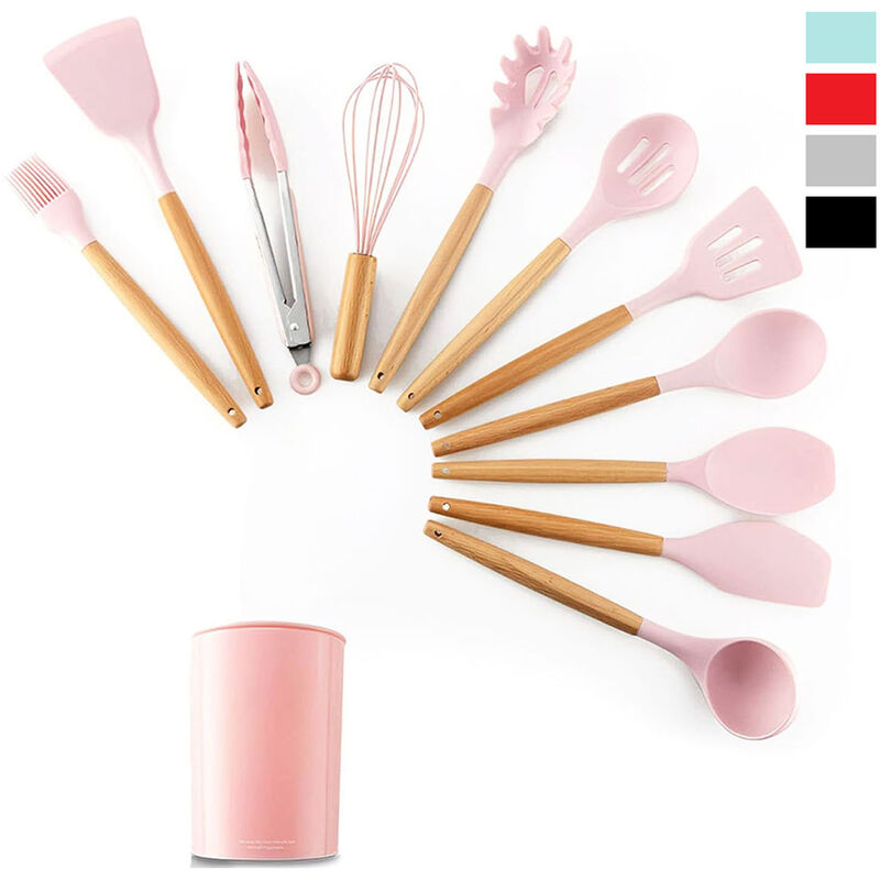 foto del prodotto bes utensili cucina silicone set 11pz mestoli manico legno appendibili antiaderenti