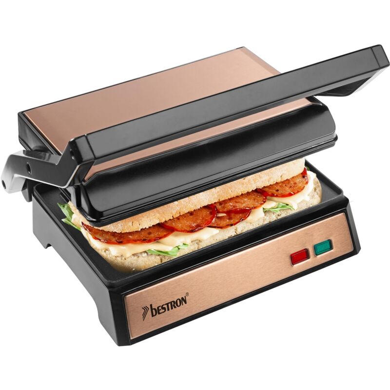 foto del prodotto bestron griglia elettrica a contatto con vaschetta di raccolta, con manico cool touch e apertura a 180 , paninimaker con rivestimento antiaderente,