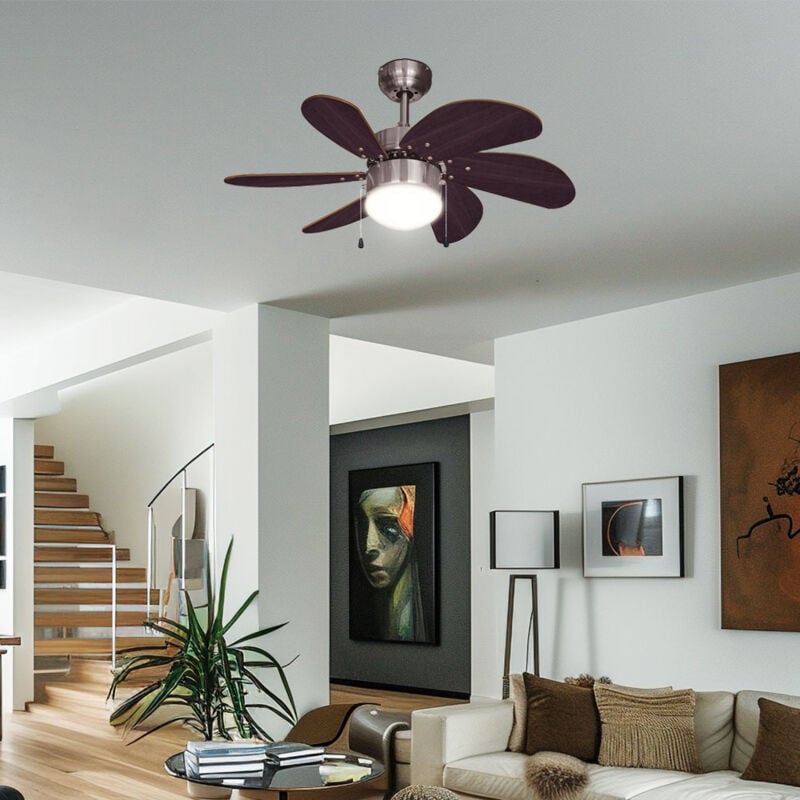 foto del prodotto bestron ventilatore a soffitto con interruttore a tirare ventilatore avanti e indietro ventilatore a soffitto, legno marrone scuro, titanio, presa