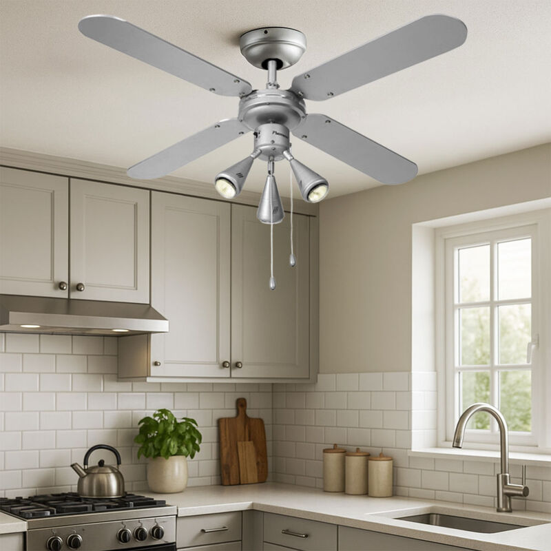foto del prodotto bestron ventilatore da soffitto a led con interruttore a fune ventilatore avanti indietro pale reversibili, spot mobili, legno grigio argento blu
