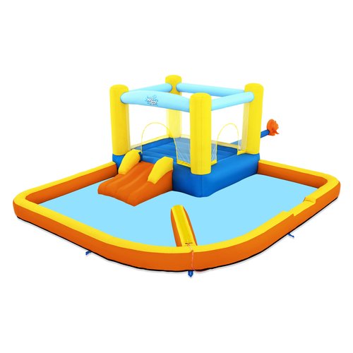 foto del prodotto bestway piscina parco acquatico beach bounger mis.365x340x152 cm, poliestere rivestito in pvc, mini scivolo a una corsia, spruzzatore d acqua, include soffiatore d aria, picchetti per l ancoraggio, borsa per il trasporto
