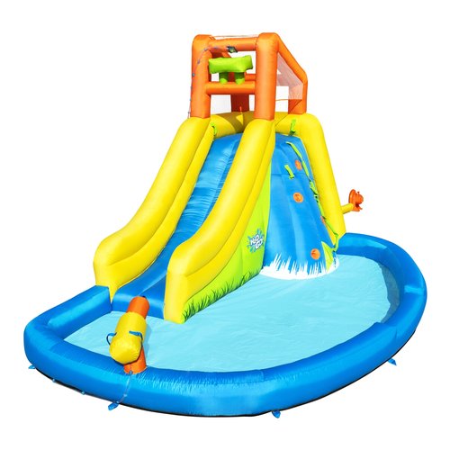 foto del prodotto bestway piscina parco acquatico, mis. 435x286x267 cm, scivolo d acqua, corda di arrampicata, cannone d acqua, parete per arrampicarsi, include soffiatore d aria, picchetti di ancoraggio, borsa per il trasporto
