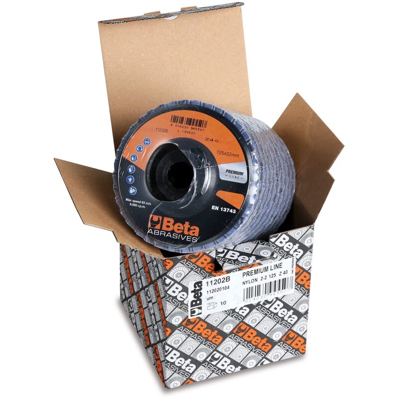 foto del prodotto beta 11202b 60 dischi lamellari con tela abrasiva allo zirconio supporto in plastica e lamella doppia