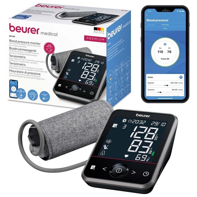 foto del prodotto beurer bm 64 misuratore di pressione da braccio, metodo oscillometrico, rilevamento avanzato della fibrillazione atriale afib , tripla misurazione automatica, connessione bluetooth all app beurer healthmanager pro, display xl retroilluminato, memoria