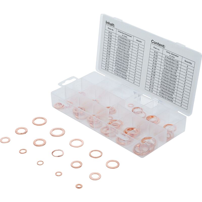 foto del prodotto bgs technic assortimento anelli di tenuta rame dimensioni in pollici per tappi scar.olio 75 pz.