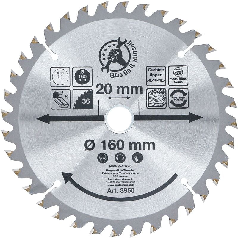 foto del prodotto bgs technic lama per sega circolare con punte in metallo duro 160 x 20 x 2,4 mm 36 denti